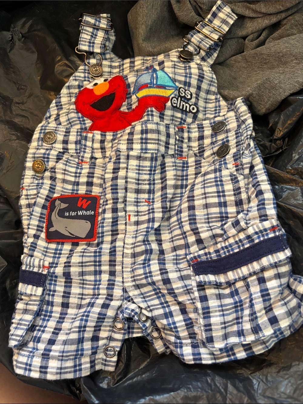 FINAL MARKDOWN Sesame Street Elmo Blue Plaid Infant Overalls 0-3 months